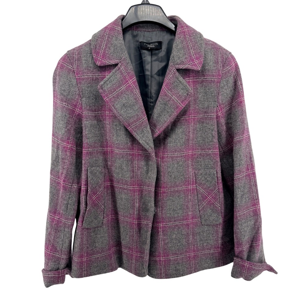 Talbots Peacoat Womens 12 Pre-Owned Jacket Grey Pink Plaid Wool Blend Notched